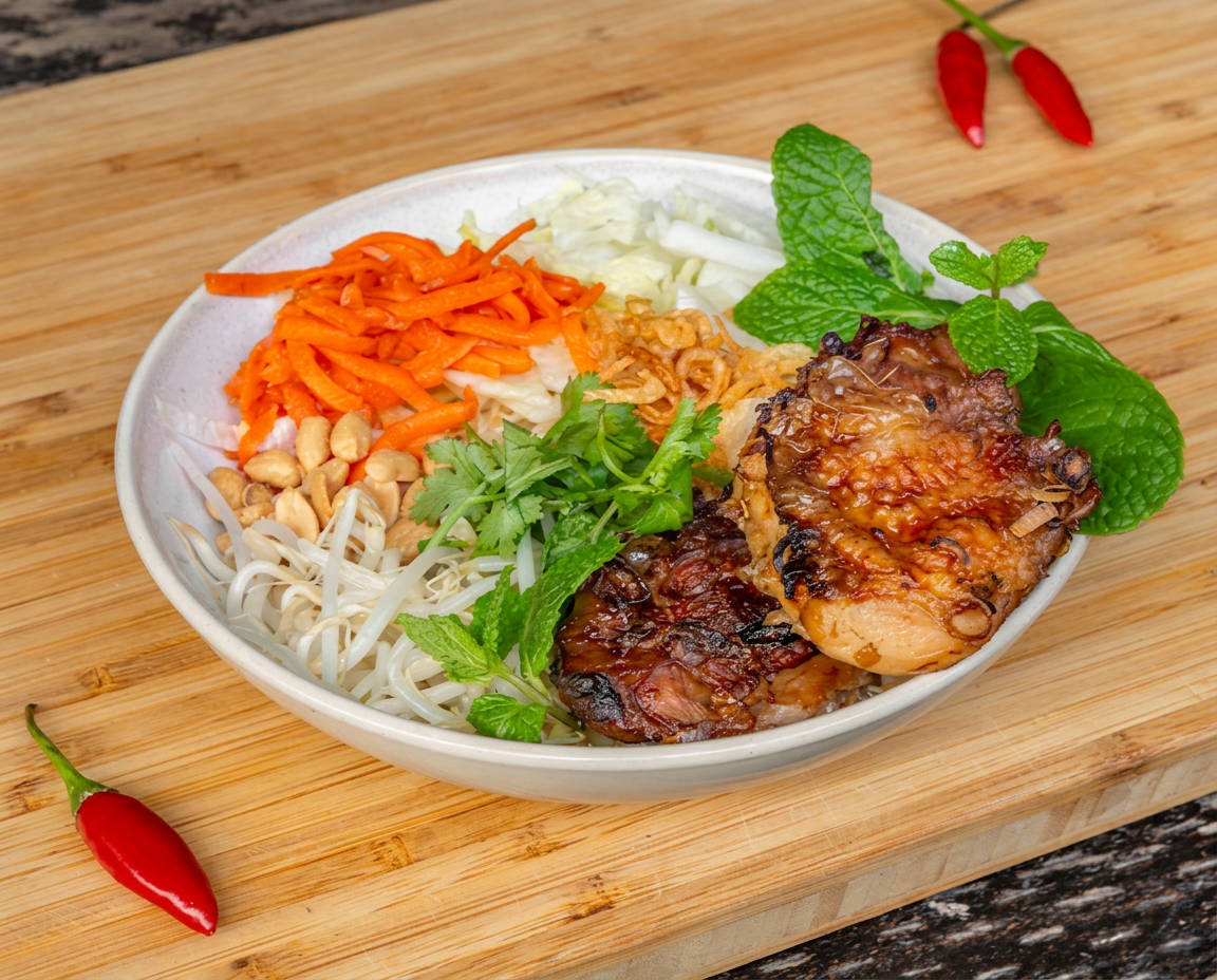Lemongrass chicken noodle salad from Rolls Station with vermicelli, pickled carrot, bean sprouts, mint, peanuts and fried shallots