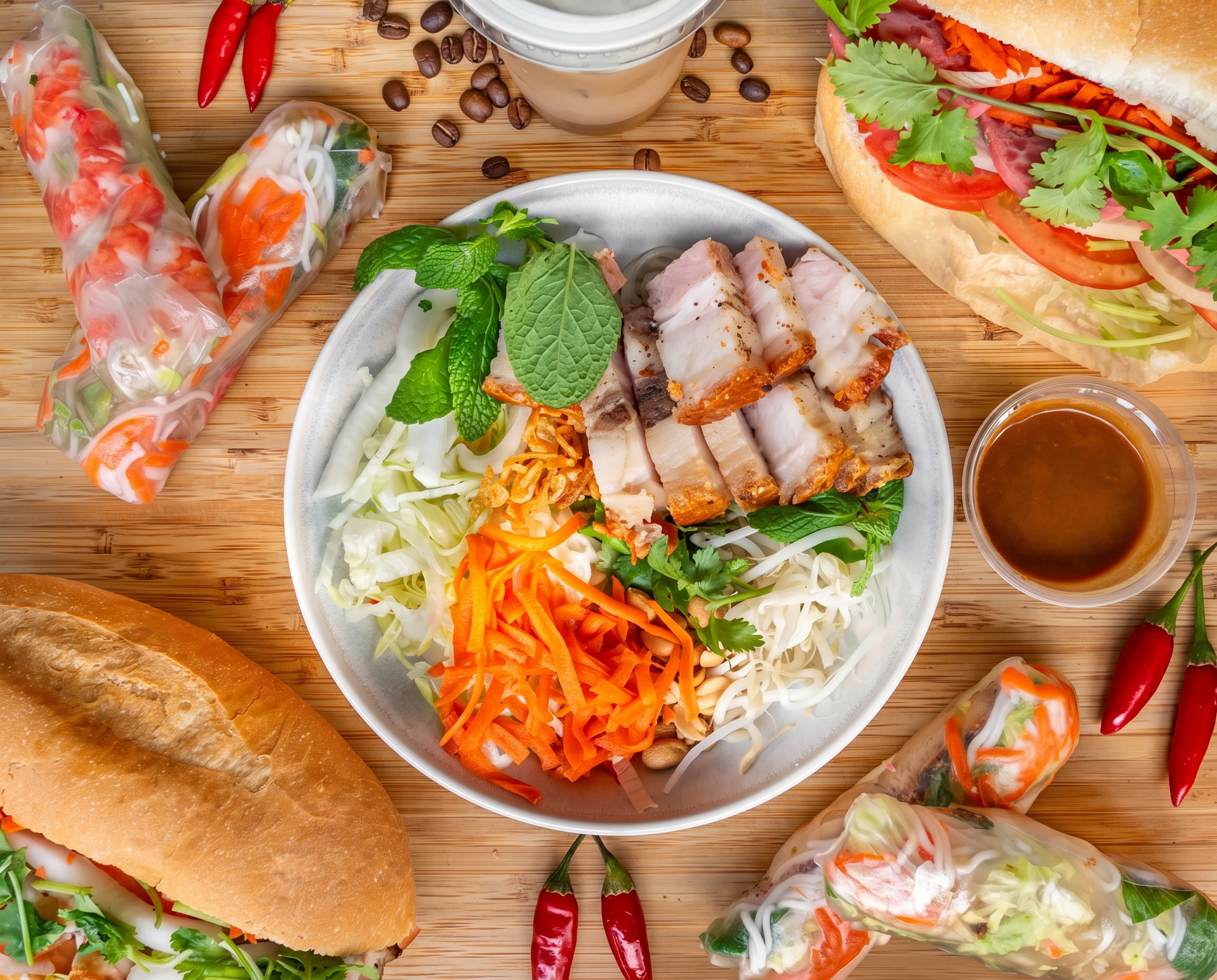 Spread of Rolls Station food: bánh mì baguettes, fresh rice paper rolls, a crispy pork noodle salad bowl, dipping sauce and Vietnamese iced coffee on a bamboo board