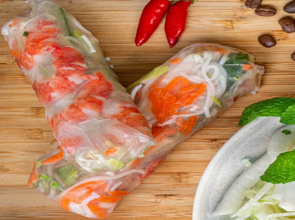 Fresh rice paper rolls from Rolls Station filled with prawn, vermicelli noodles, herbs and vegetables